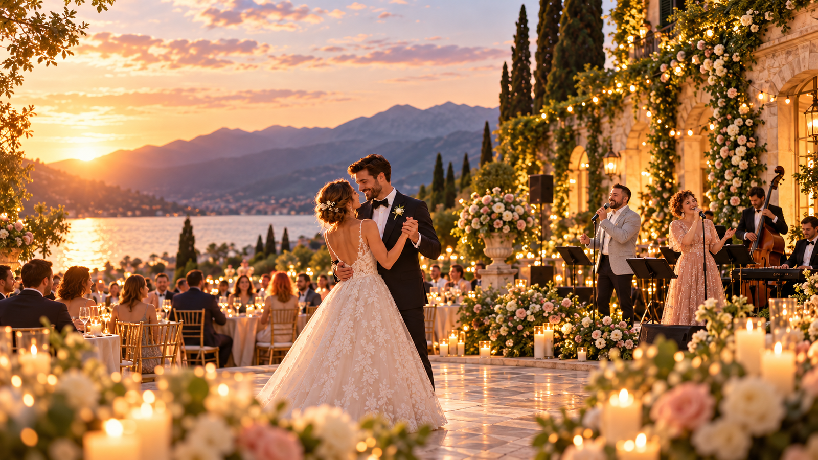 Atmosfera di matrimonio elegante al tramonto con sposi che ballano e musica dal vivo