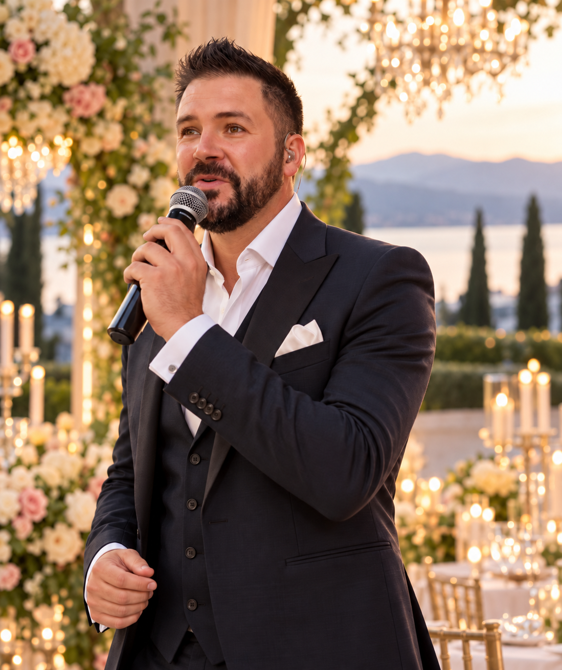 Sergio durante un'esibizione musicale dal vivo in una location elegante